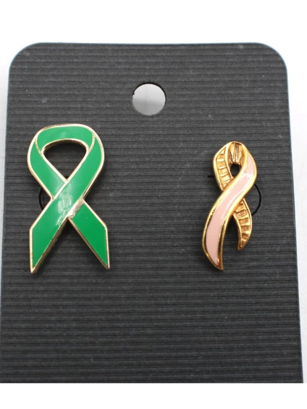 Green & Pink Awareness Ribbon Enamel Lapel Pins Mental Health & Cancer Gold Tone
